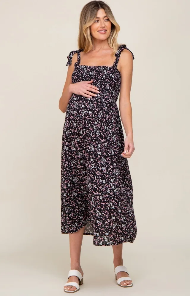 Black Micro Floral Smocked Maternity Dress