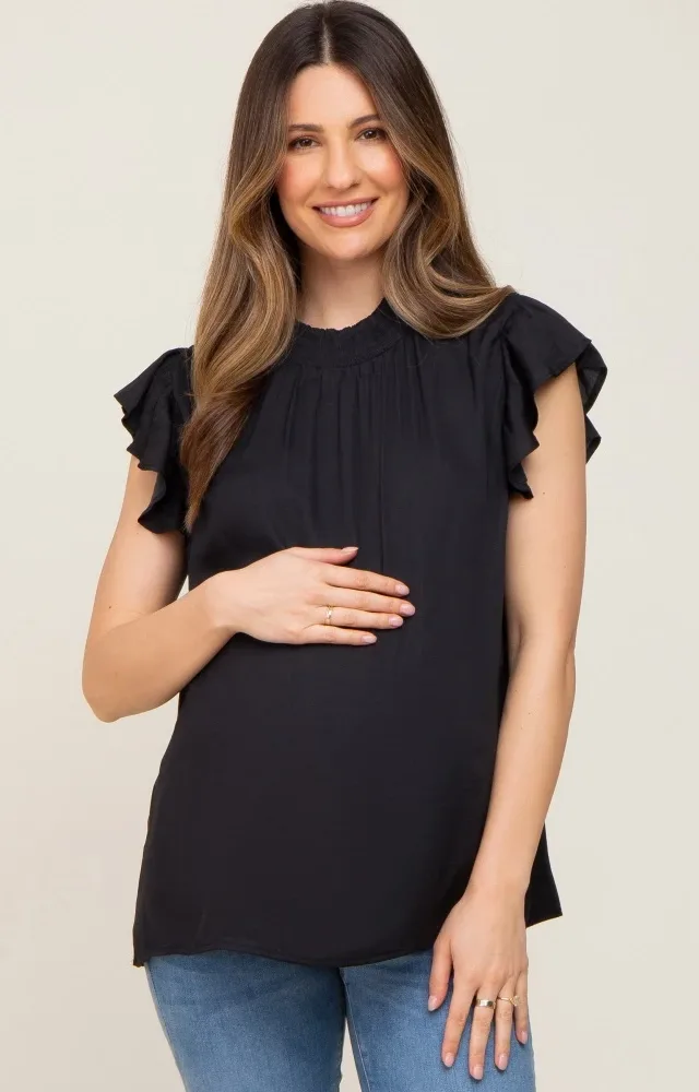 Black Mock Neck Flutter Maternity Blouse