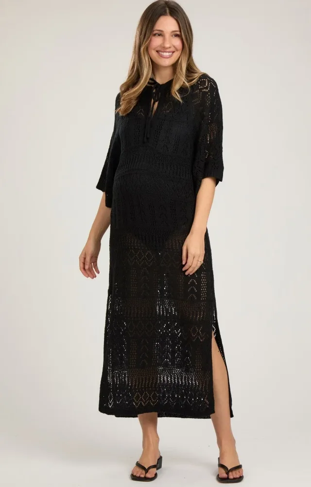 Black Open Knit Front Tie Side Slit Midi Maternity Swim Cover Up