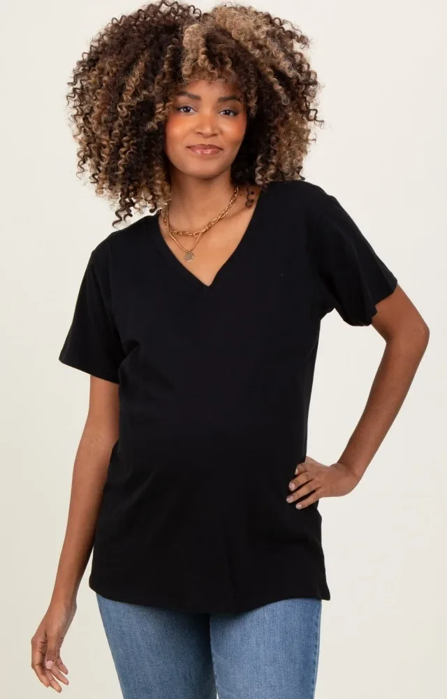 Black Oversized V-Neck Short Sleeve Maternity Tee