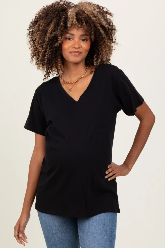 Black Oversized V-Neck Short Sleeve Maternity Tee