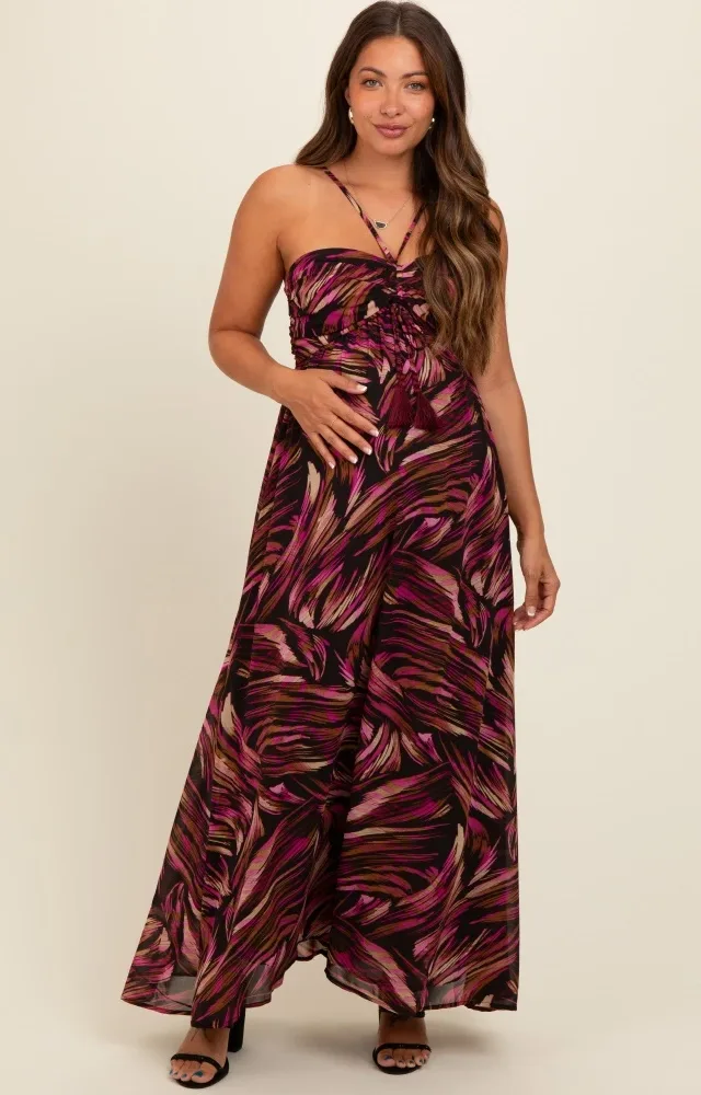 Black Printed Halter Cross Back Maternity Maxi Dress