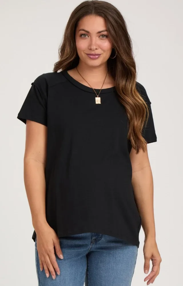 Black Raw Hem Maternity Short Sleeve Top