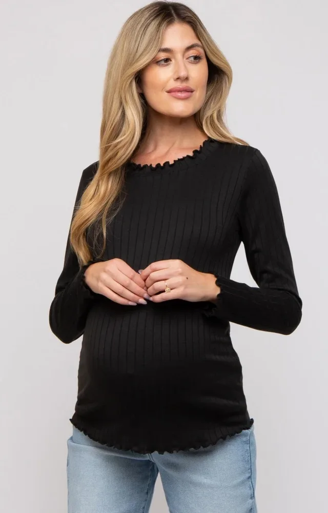 Black Rib Knit Lettuce Trim Maternity Long Sleeve Top