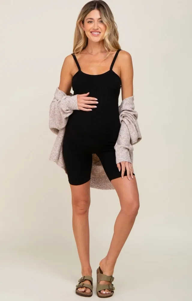 Black Rib Knit Sleeveless Maternity Romper