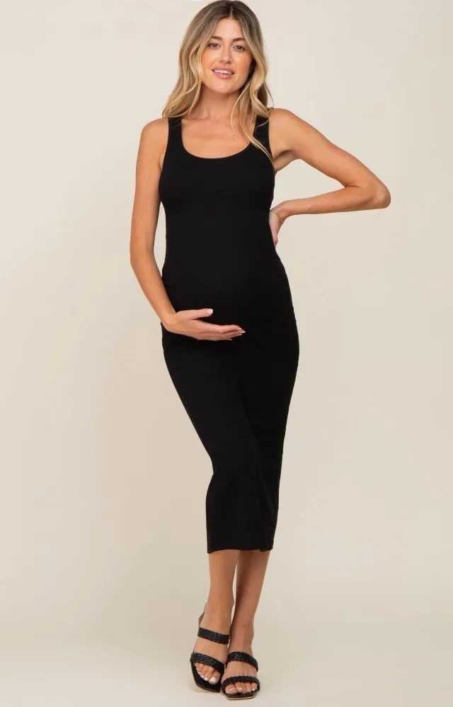 Black Ribbed Basic Maternity Maxi Dress