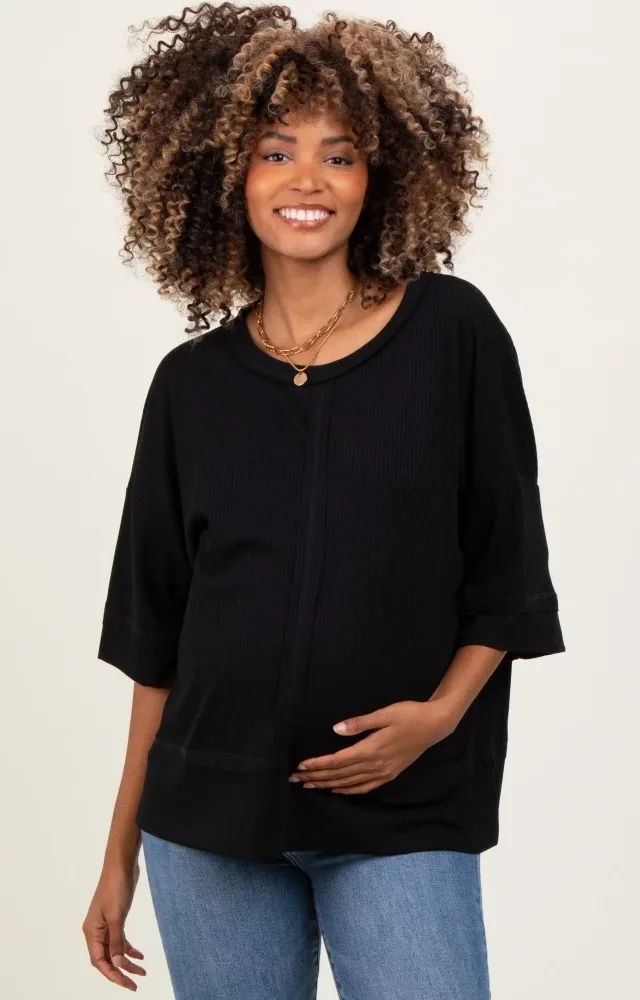 Black Ribbed Boxy Fit Short Sleeve Maternity Top