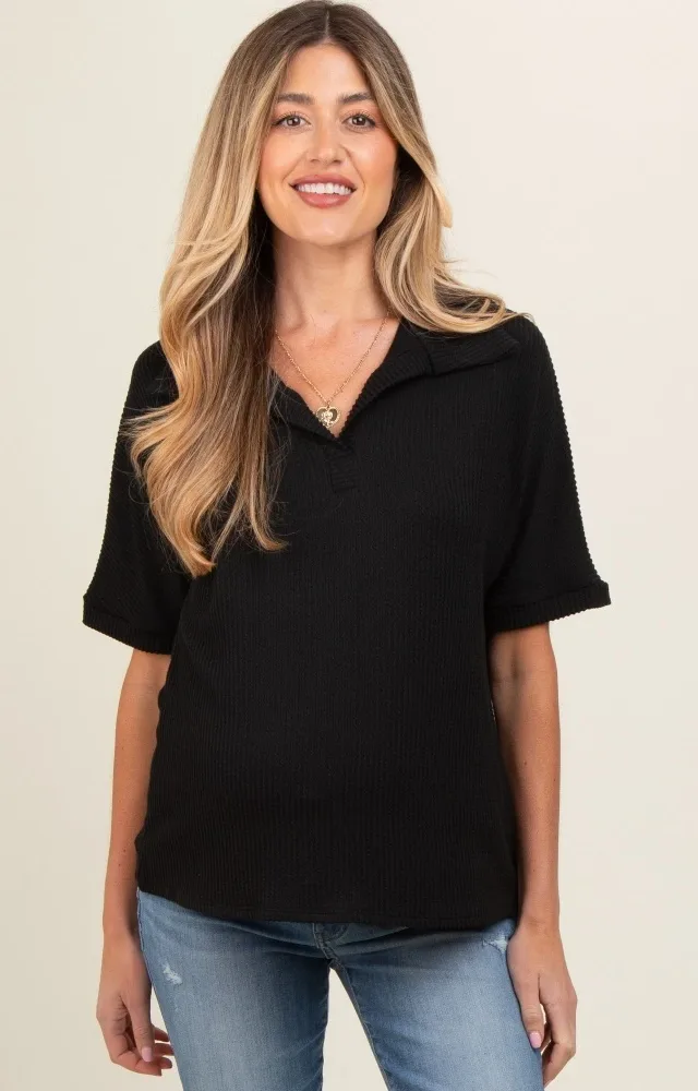 Black Ribbed Collared Maternity Top