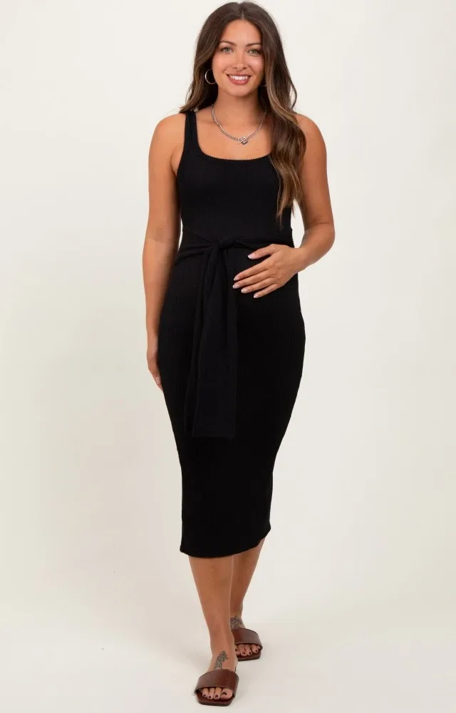 Black Ribbed Front Tie Sleeveless Maternity Midi Dress