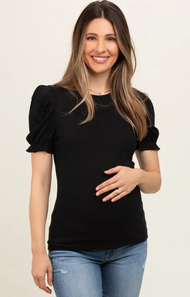 Black Ribbed Puff Sleeve Maternity Top