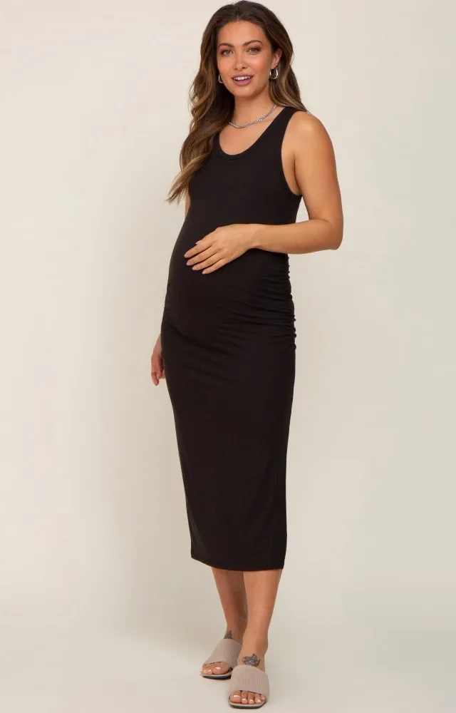 Black Ribbed Ruched Side Slit Maternity Midi Dress