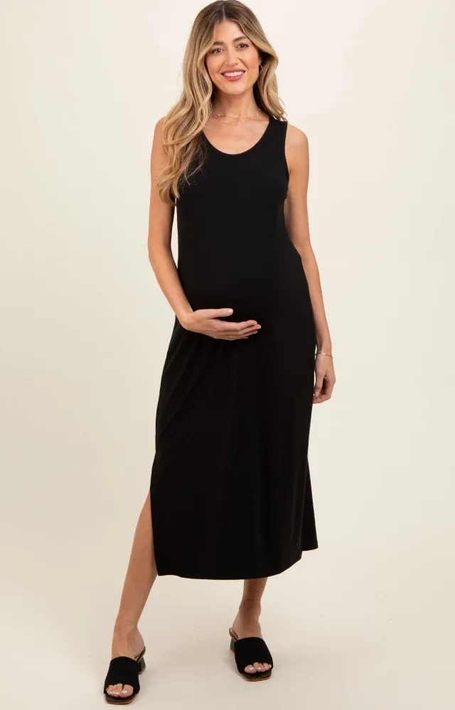 Black Ribbed Sleeveless Maternity Midi Dress