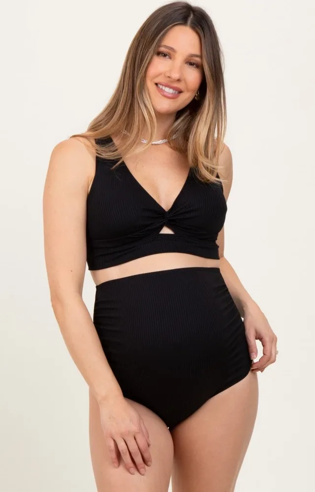 Black Ribbed Twist Cutout Front Maternity Swim Set