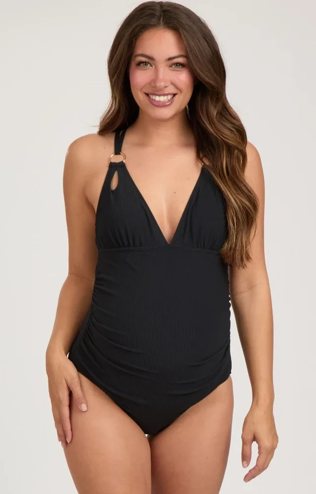 Black Ribbed V-Neck Ruched Criss Cross Low Back Maternity One Piece Swimsuit