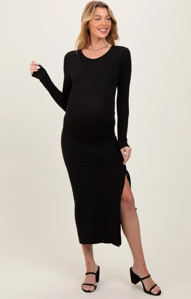 Black Ruched Tie Side Slit Maternity Midi Dress