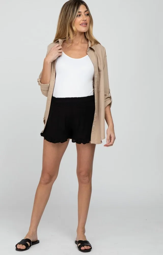 Black Ruffle Hem Maternity Shorts