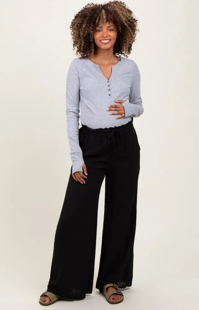 Black Ruffled Drawstring Waist Wide Leg Maternity Pants