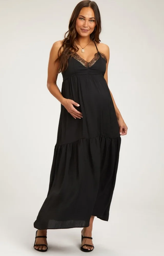 Black Sleeveless Lace Tiered Maternity Maxi Dress