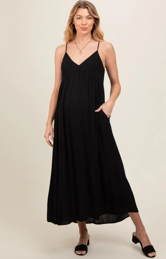 Black Sleeveless V-Neck Maternity Midi Dress