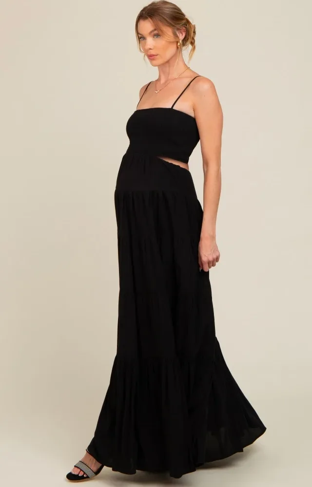 Black Smocked Cutout Maternity Maxi Dress