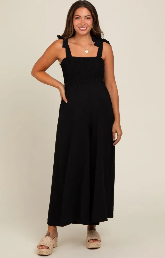 Black Smocked Wide Leg Maternity Jumpsuit