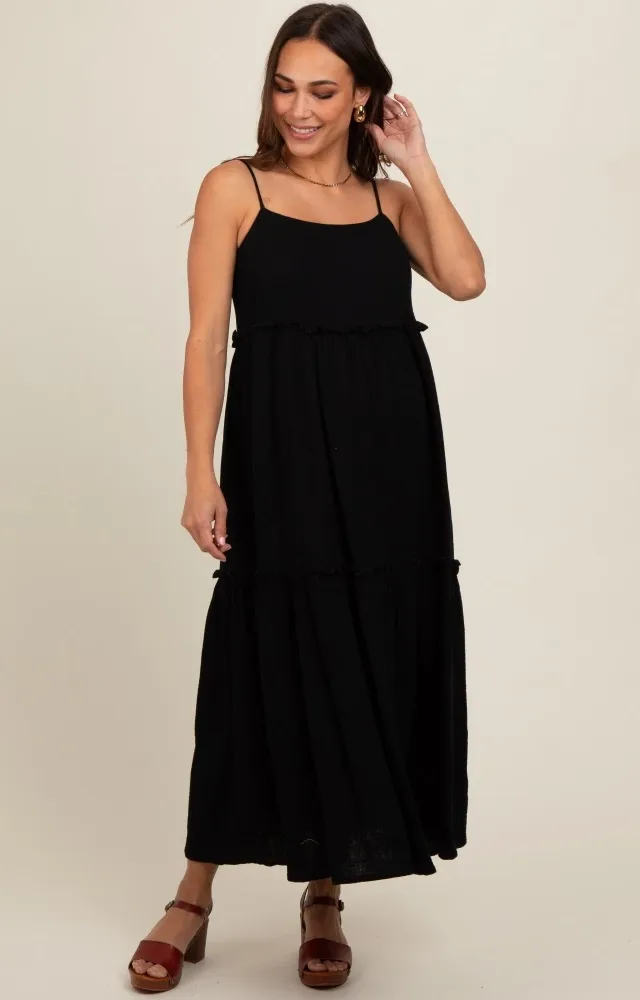 Black Soft Washed Cotton Gauze Maternity Maxi Dress