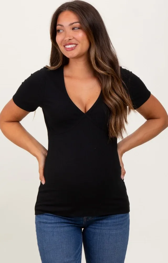 Black Solid Ribbed Short Sleeve V-Neck Basic Maternity Top