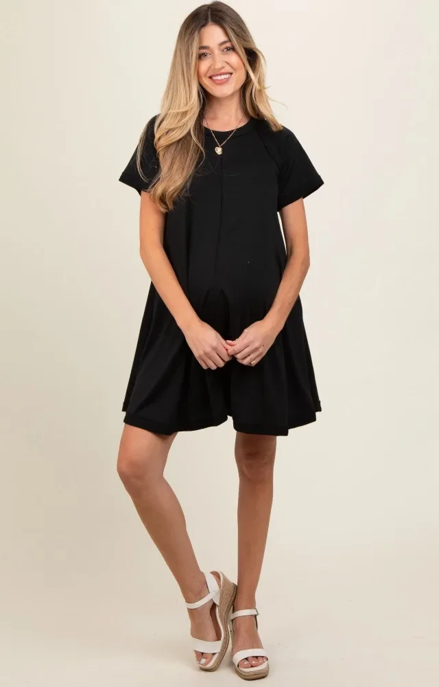 Black Solid T-Shirt Maternity Mini Dress