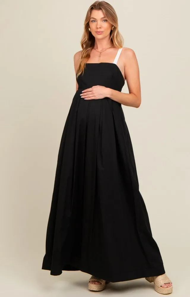 Black Square Neck Contrast Strap Back Cutout Maternity Maxi Dress