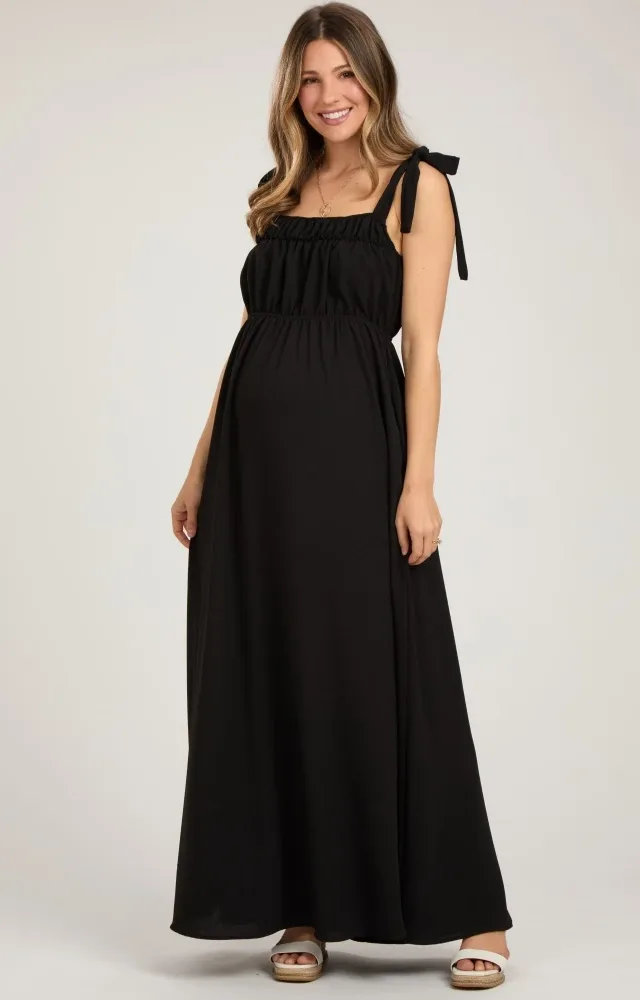 Black Square Neck Shoulder Tie Maternity Maxi Dress