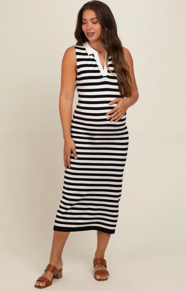 Black Striped Fitted Maternity Polo Midi Dress