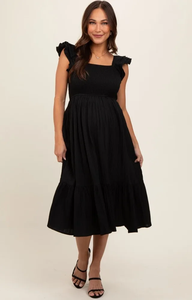 Black Striped Flutter Sleeve Maternity Midi Dress