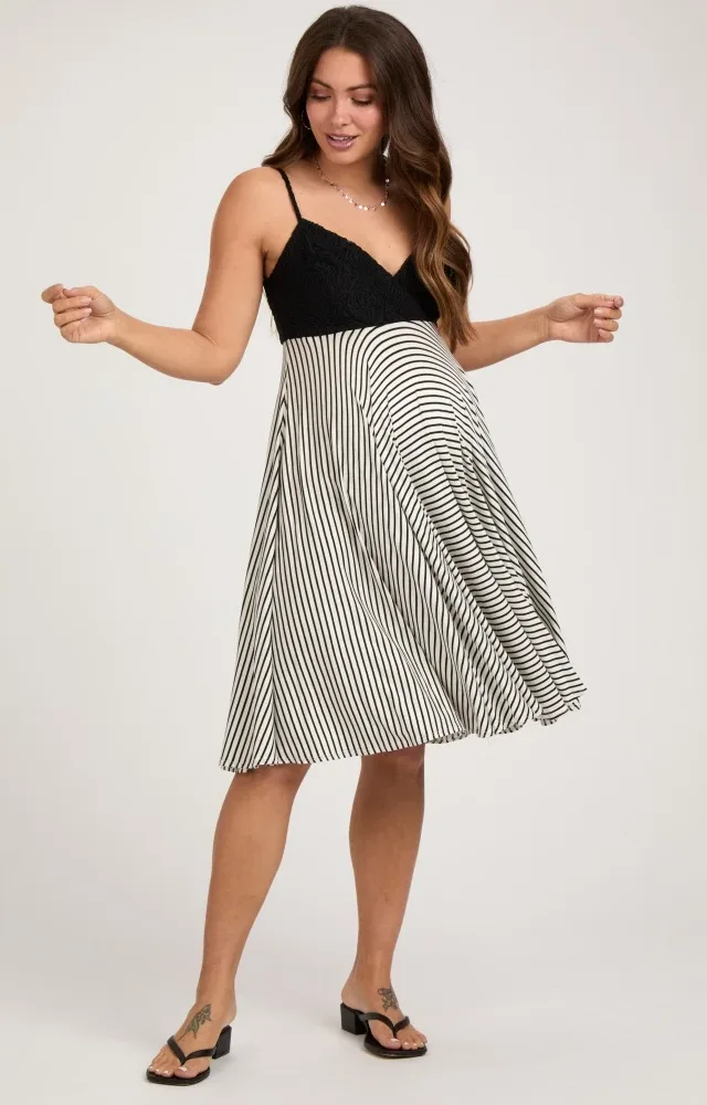 Black Striped Lace V-Neck Maternity Dress