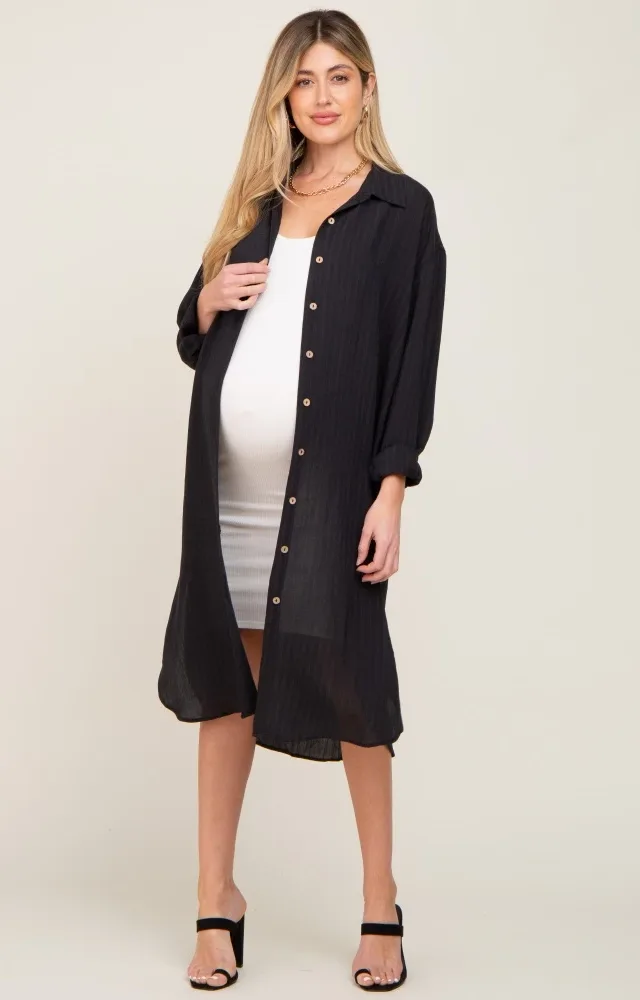 Black Striped Lightweight Button Down Maternity Top