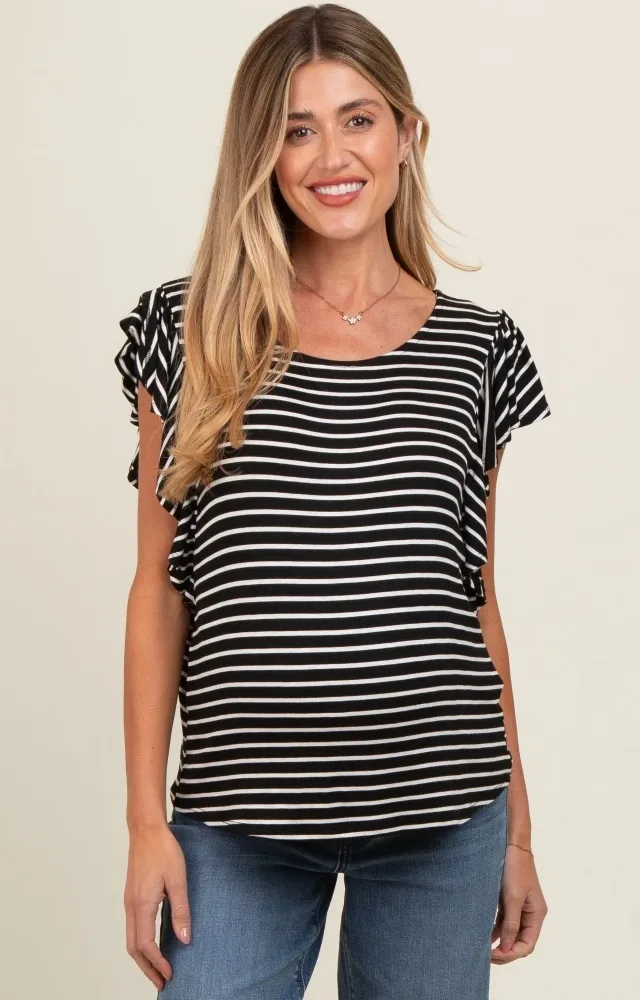 Black Striped Ruffle Sleeve Maternity Top