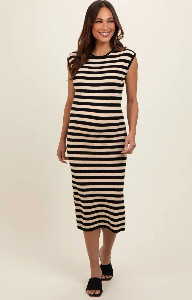 Black Striped Sleeveless Maternity Midi Dress