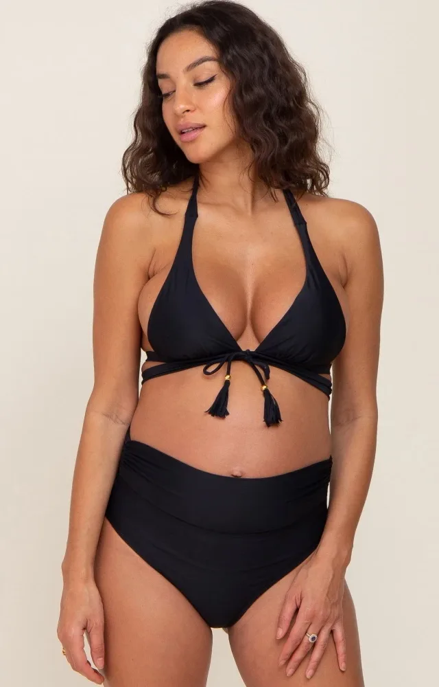 Black Tie Front Side Strap Maternity Bikini Set