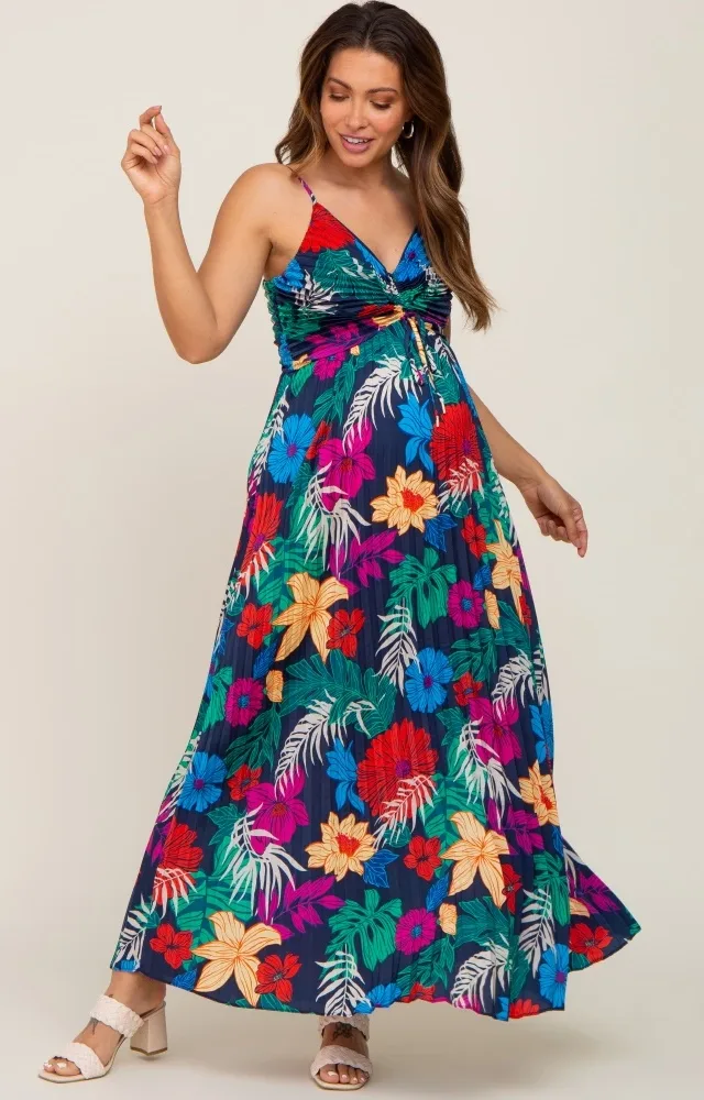 Black Tropical Floral Satin Pleated Maternity Maxi Dress