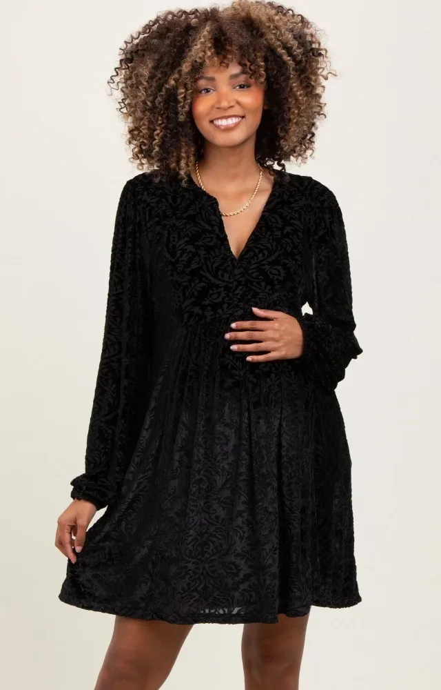 Black Velvet Damask Print Long Sleeve Maternity Mini Dress