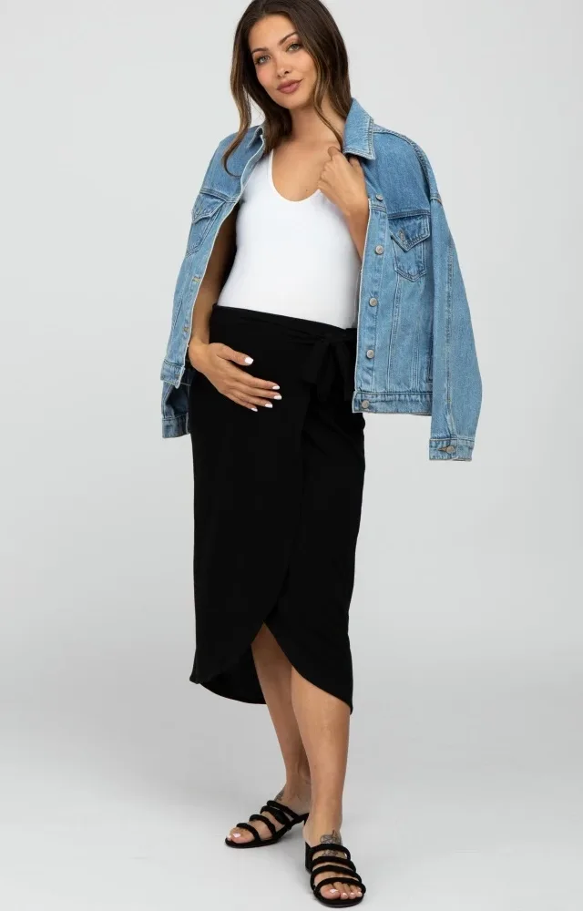 Black Wrap Maternity Midi Skirt