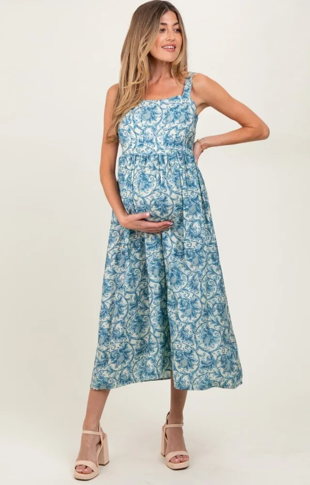 Blue Abstract Print Maternity Midi Dress