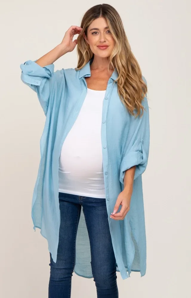 Blue Button Front Side Slit Maternity Blouse