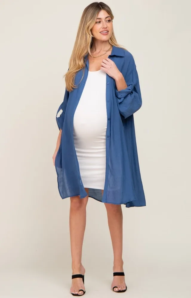 Blue Button Front Side Slit Oversized Maternity Blouse