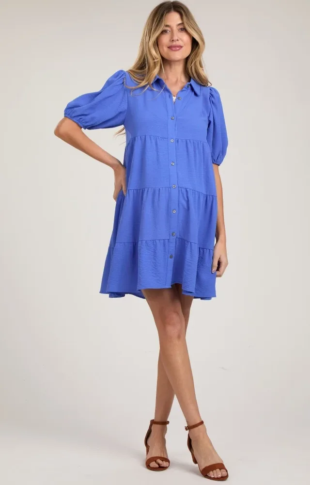 Blue Button Front Tiered Collared Maternity Dress