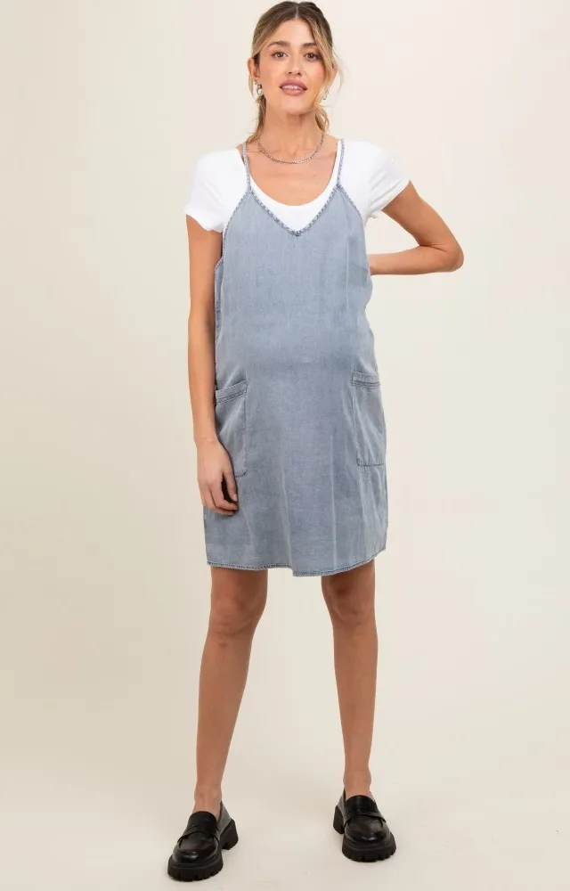 Blue Chambray Front Pocket Maternity Dress