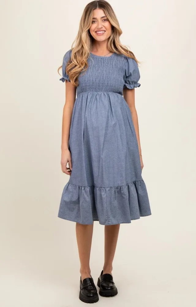 Blue Chambray Smocked Puff Sleeve Maternity Dress