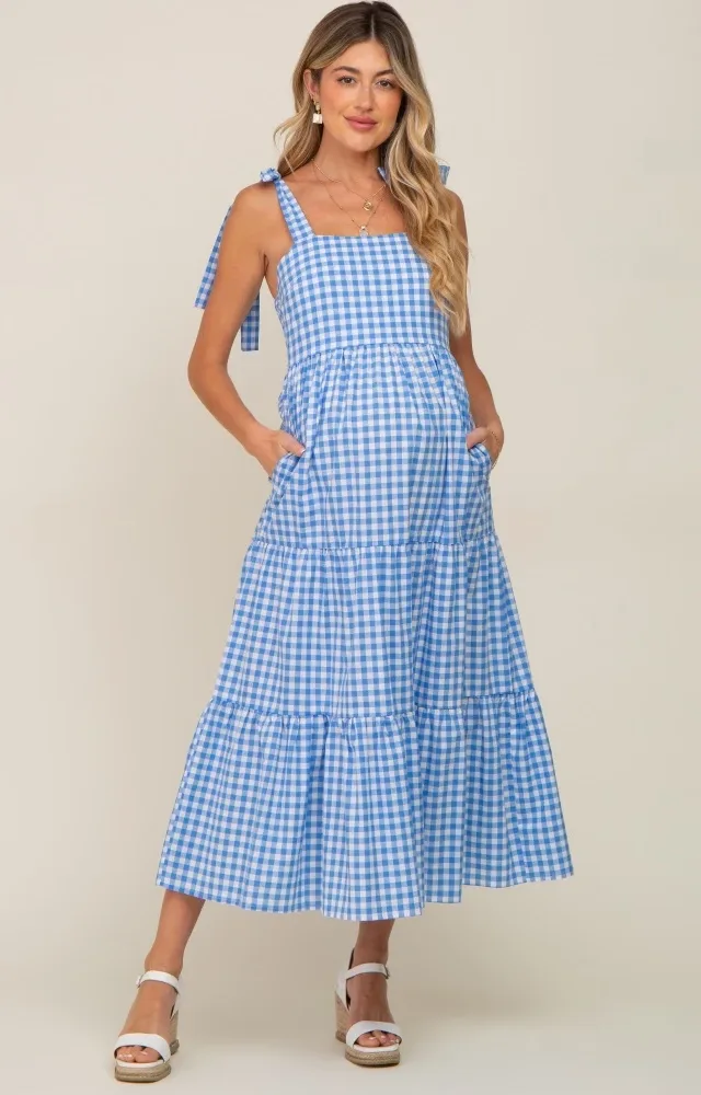 Blue Checkered Sleeveless Tiered Maternity Maxi Dress