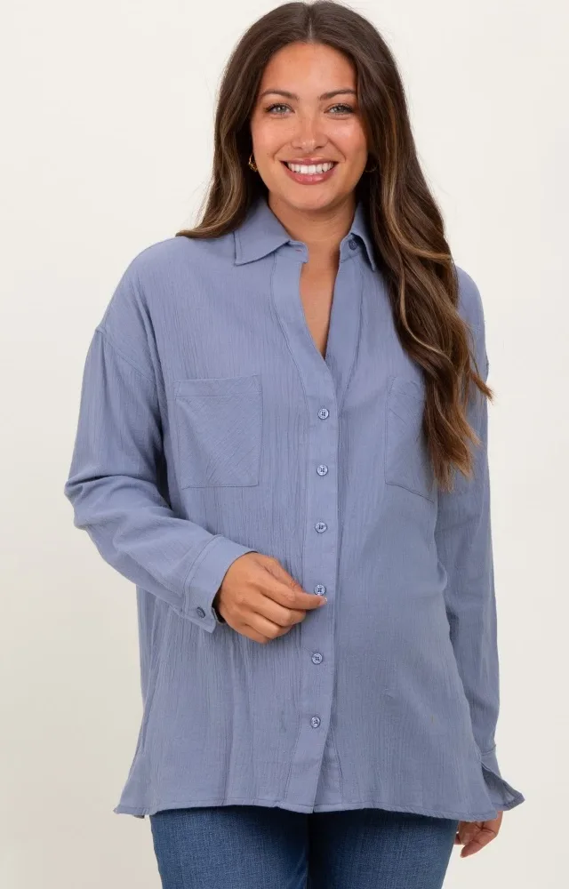 Blue Cotton Gauze Oversized Maternity Button Down Shirt