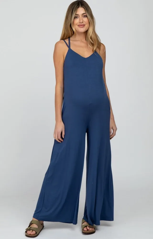 Blue Cross Back Wide Leg Maternity Jumpsuit