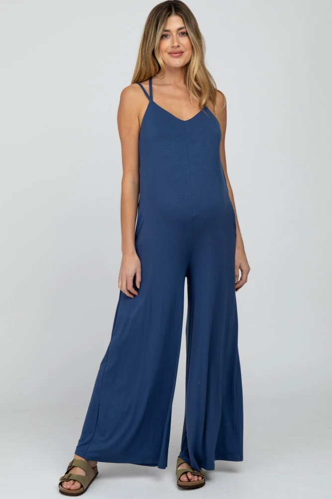 Blue Cross Back Wide Leg Maternity Jumpsuit